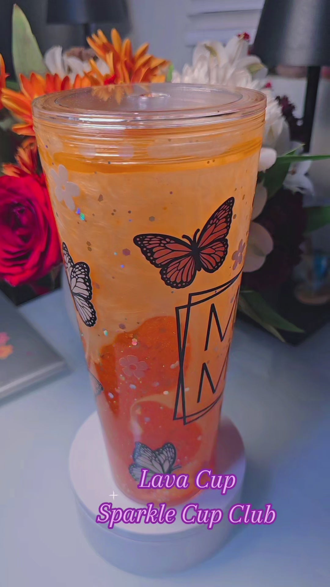 🦋 “MAMA” Monarch Butterfly Lava Cup – Glitter Snow Globe (24oz Acrylic Cup)
